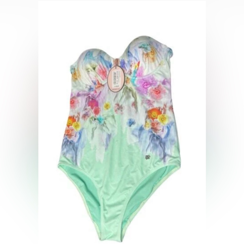 NWT Ted Baker Sugar Sweet Gathered Swimsuit Pale Green Floral 36DD Gorgeous!